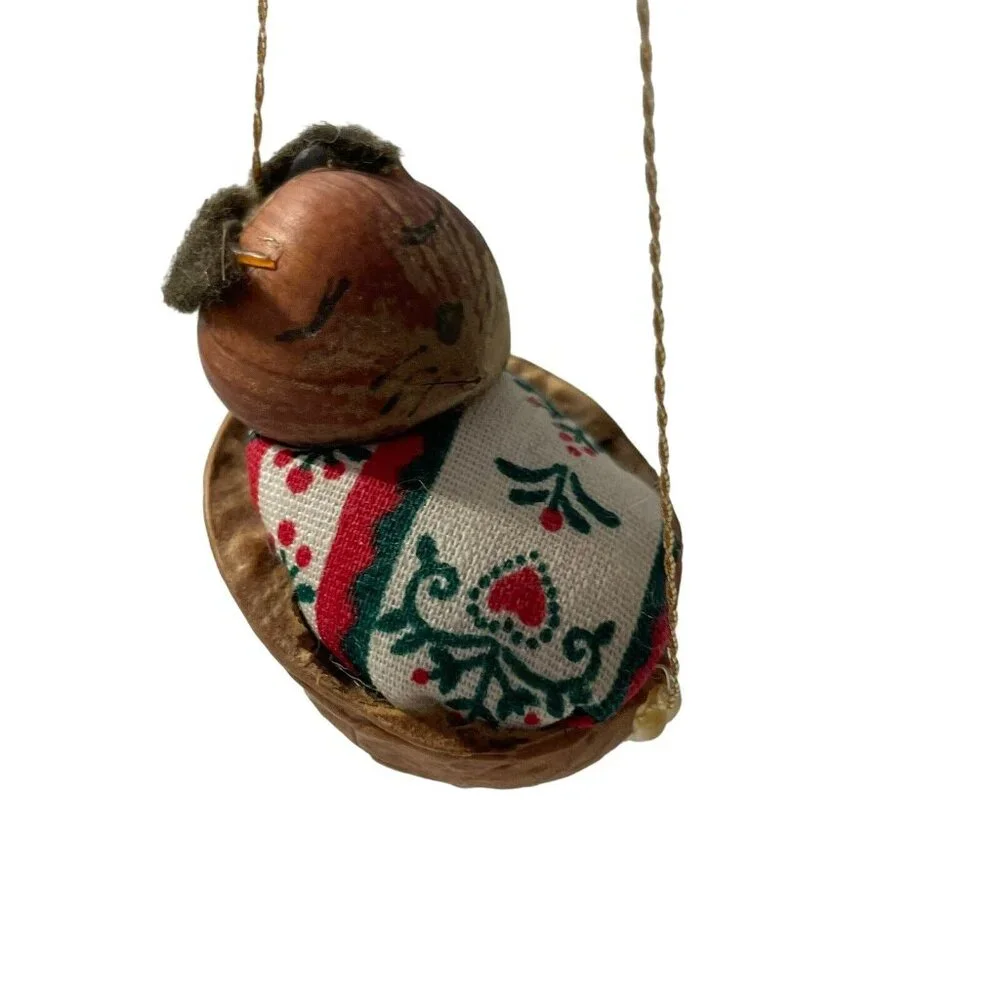 Adorable hazelnut‎ mouse in walnut cradle Christmas Ornament Handmade Vintage